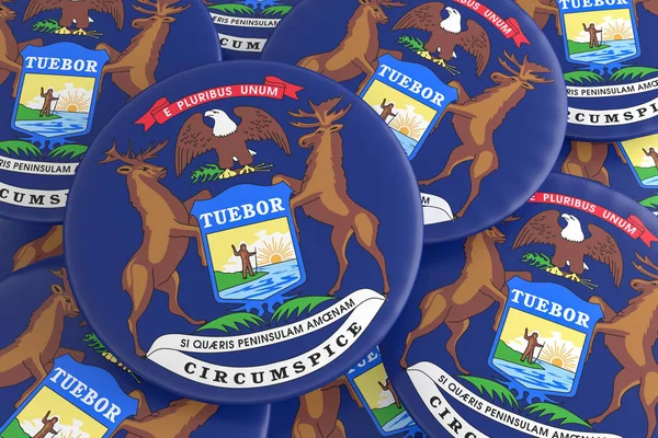 Pulsanti di Stato degli Stati Uniti: Pile of Michigan Flag Badges 3d illustrazione — Foto Stock