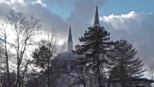 Пан Шот: Мечеть Сейтлик в Берлине, Германия Вечером — стоковое видео