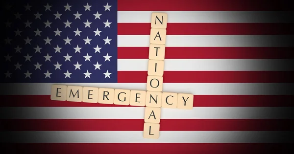 Letter Tiles National Emergency On US Flag, 3d illustration