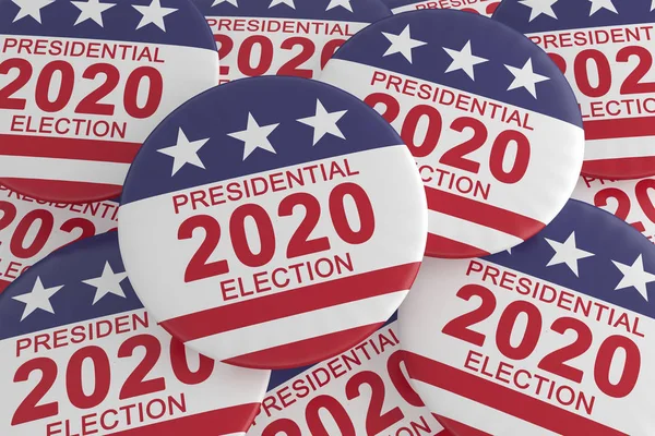 Högen av 2020 presidentvalet knappar med amerikanska flaggan, 3D illustration — Stockfoto