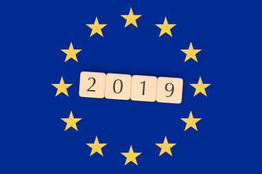 Mektup Karoları 2019 Avrupa Birliği Bayrağı ile, 3d illüstrasyon