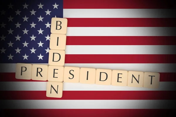 Carta telhas presidente Biden com bandeira dos EUA, ilustração 3d — Fotografia de Stock