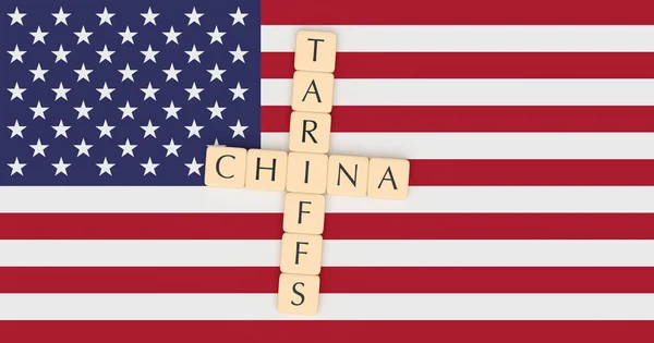 Letter Tiles Tariffs And China With US Flag, 3d illustration