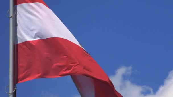 Österreich-Flagge flattert vor blauem Himmel, Nahaufnahme — Stockvideo