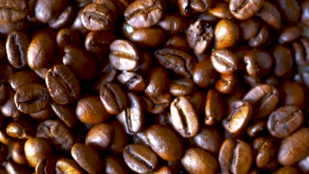 Zbliżenie obracających się palonych ziaren kawy — Wideo stockowe