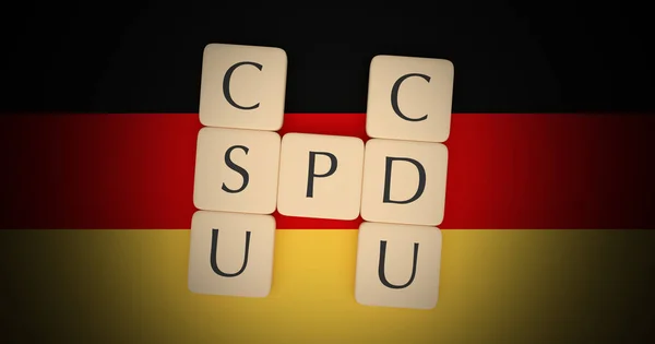 Tyskland Politik Grand Coalition Koncept: Brev Plattor Cdu, Csu och Spd på tyska flaggan, 3D-illustration — Stockfoto
