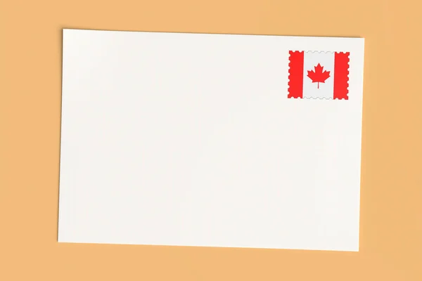 Brief of ansichtkaart uit Canada: Blanco witte kaart met Canadese vlag Postzegel, 3D Illustratie — Stockfoto