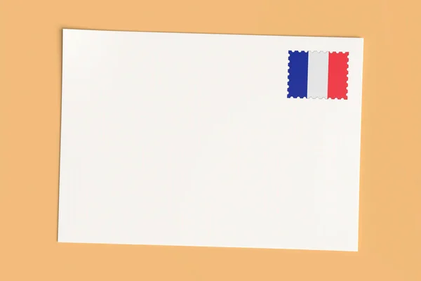 Carta o postal de Francia: Tarjeta blanca en blanco con sello postal de bandera francesa, ilustración 3d —  Fotos de Stock