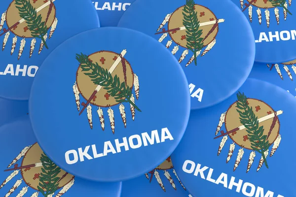 US State button: pile of Oklahoma flag badges 3D illustration — 스톡 사진