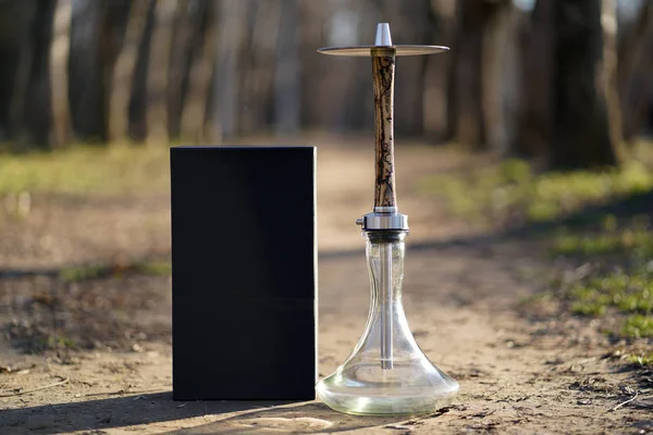 Akşam bir yaz yeşil ormanda kaldırım üzerinde metal elemanları ve siyah bir mat kutu ile temiz bir şeffaf kase ile bir elektrik akımı yıldırım desenleri ile Bej ahşap nargile.