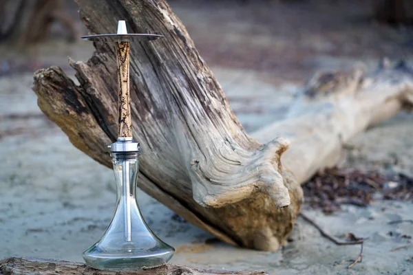 Lujo hookah de madera beige con patrones de rayos de una corriente eléctrica con un tazón transparente limpio con elementos metálicos en un tronco en el bosque contra el fondo de un árbol caído . — Foto de Stock