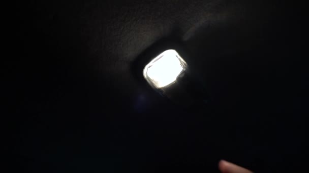 人差し指を使用して黒いスキージャケットを着た男性の手は ボタンを押し 夜に車の天井のライトをオフにします — ストック動画