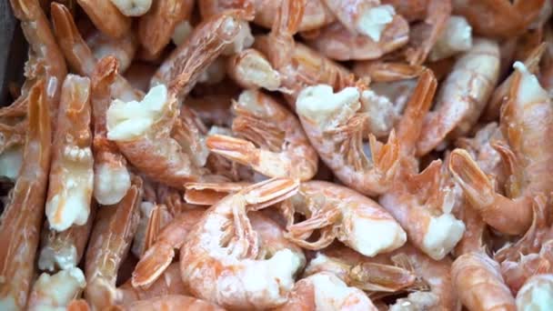超市冰箱里贴着许多美味的大冷冻红虾 海鲜在商店的冰上放在一个金属托盘里 — 图库视频影像