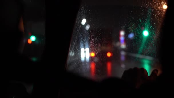 View Left Driver Wet Windshield Car Goes Night Road Driver — Stock Video