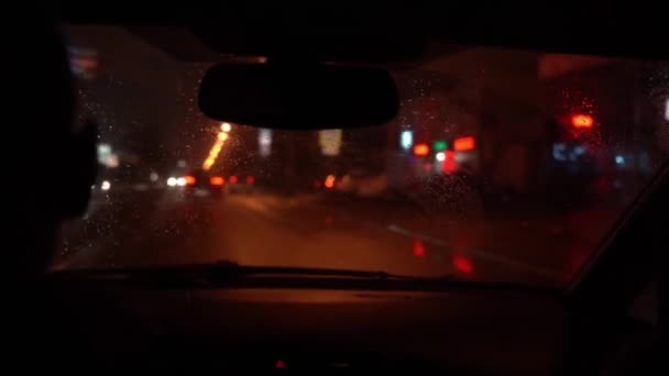 View Wet Windshield Car Goes Night Road Driver Turns Right — Stock Video