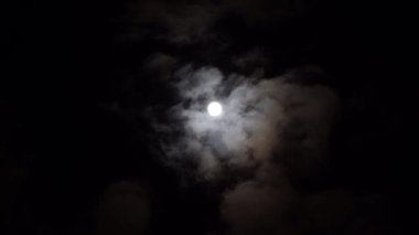 Bulutlu bir günde gece mavisi gökyüzünde dramatik ay. Kabarık bulutlar arasında parlak beyaz ay. Bulutlar gökyüzünde yavaş akıtır. Kurt adamlar zamanlı.