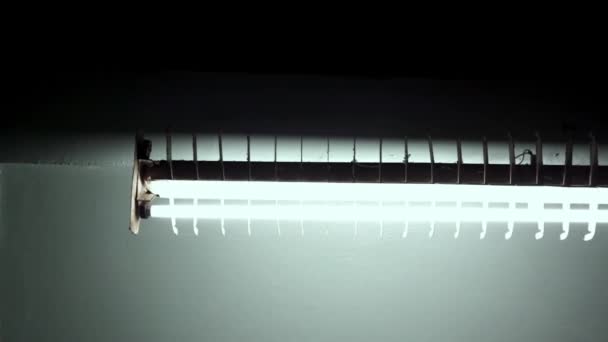 Instalace Staré Dlouhé Zářivkové Žárovky Betonových Stropě Samostatný Světlomet Průmyslové — Stock video