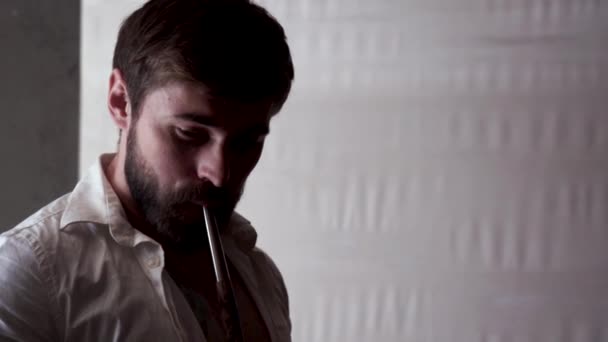 Brutal Caucasian Bearded Man Short Brown Hair White Unbuttoned Shirt — Stock Video