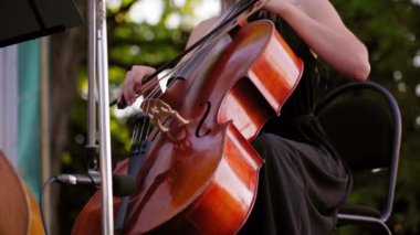 Siyah elbiseli kadının eli çello klasik müzik solo çalış . Güzel kız yakın gün batımında açık havada sokak müzisyenleri topluluğu içinde gerçekleştirmek. Senfoni orkestrası parkta performans sergiliyor.