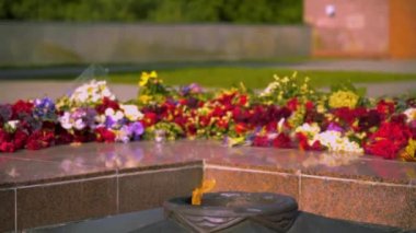 İkinci Dünya Savaşı'nda zafer sembolü - Meçhul Asker Mezarı'nda Ebedi Alev anıtı kurdele ile kırmızı ve beyaz cenaze çiçekleri. Milyonlarca Sovyet şehit insanının anısına ateş yanıyor.