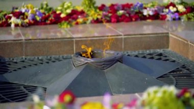 İkinci Dünya Savaşı 'ndaki zaferin sembolü olan Meçhul Asker Mezarlığı' nda yıldızlı ve çiçekli sonsuz alev anıtı. Milyonlarca Sovyet 'in anısına yanan ateş anavatanı savundu..