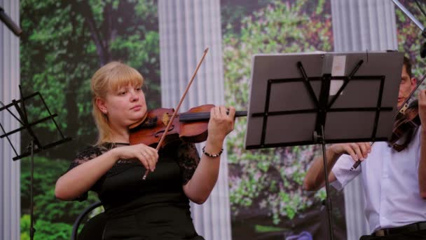 야외에서 뮤지션의 앙상블 드레스에 여성은 일몰에 아름다운 바이올린에 클래식 음악을 — 비디오