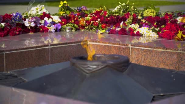 Flores Funerárias Vermelhas Brancas Com Fita Monumento Memorial Chama Eterna — Vídeo de Stock