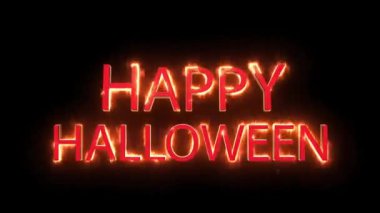 Kırmızı kelime Mutlu Cadılar Bayramı yanık ile yangın yazıt. Konsept korku günü. Siyah arka plan üzerinde izole gerçekçi yangın alevler üzerinde sıcak yanan metin ile Döngü açılış animasyon sahnesi.