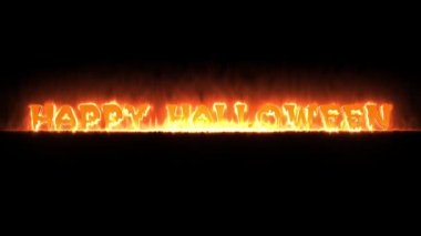 Kırmızı kelime Mutlu Cadılar Bayramı yanık ile yangın yazıt. Konsept korku günü. Siyah arka plan üzerinde izole gerçekçi yangın alevler üzerinde sıcak yanan metin ile Döngü açılış animasyon sahnesi.