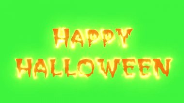 Kırmızı kelime Mutlu Cadılar Bayramı yanık ile yangın yazıt. Konsept korku günü. Yeşil arka plan üzerinde izole gerçekçi yangın alevler üzerinde sıcak yanan metin ile Döngü açılış animasyon sahnesi.