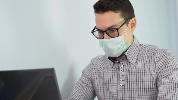 Sick Caucasian Male Worker Short Brown Hair Wear Black Glasses — Stock Video
