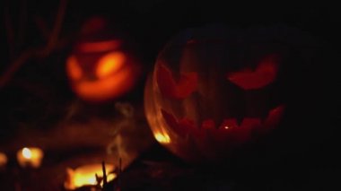 Korkunç oyulmuş dişli turuncu balkabağı, büyük ağız, arka plandaki gizemli gece ormanına karşı müthiş gözler. Mum, balkabağı fenerinin kafasında yanıyor. Yanıp sönen ışık. Açık havada. Yakın çekim.