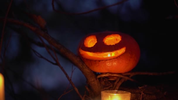 Una Zucca Spaventosa Sorridente Arancione Con Gli Occhi Scolpiti Grande — Video Stock