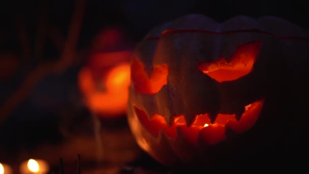 外の恐ろしい深い夜の秋の森の中でろうそくを燃やす不気味な頭のジャックランタン ハロウィンオレンジ色の光るカボチャを邪悪な顔で彫り上げました ホラーホリデーのコンセプト スローモーション — ストック動画