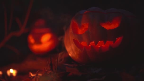 Two Glowing Orange Pumpkin Heads Carved Menacing Eyes Mouth Night — Stock Video