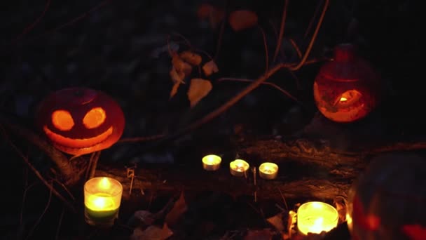 Ужасающий Страшный Светящийся Оранжевый Тыквенные Головы Джек Фонарь Ночном Мистическом — стоковое видео