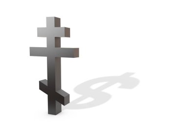 3d illüstrasyon: Beyaz arka plan üzerinde izole bir dolar sembolü şeklinde bir gölge ile siyah Hıristiyan Ortodoks çapraz. Kilise ve kilise cemaati arasındaki iş-mali ilişkiler kavramı.