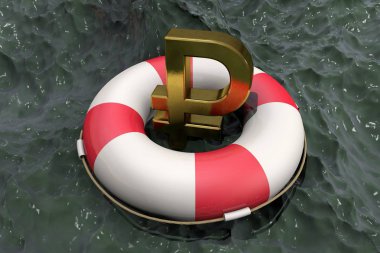 3d illüstrasyon: çamurlu su arka planda bir Lifebuoy üzerinde rouble Altın sembolü. Rus ekonomisine destek. Finansal enjeksiyon. Rusya Federasyonu para birimi. İş kavramı.
