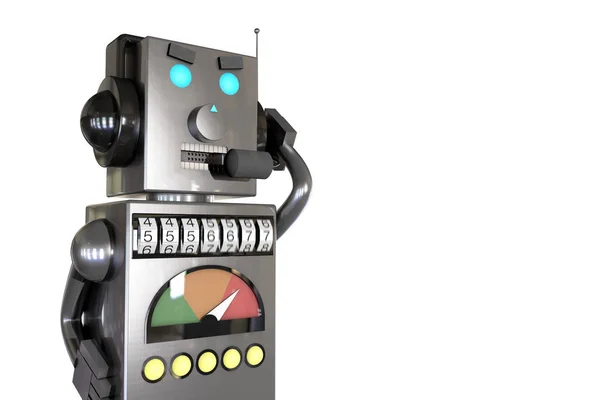 Εικονογράφηση Γκρι Μεταλλικό Ρομπότ Στα Ακουστικά Ακουστικά Καλεί Πελάτες Ενοχλητικές Εικόνα Αρχείου