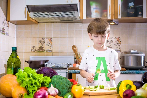 The young boy in cooking standing in the kitchen near table with vegetables. — Stock Image Young Boy Cooking Standing Kitchen Table Vegetables Stock Image