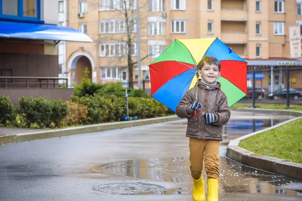 Little Boy Playing Rainy Summer Park Child Colorful Rainbow Umbrella — Stock Photo, Image