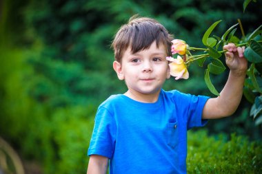 Güleryüzlü ve sıcak yaz gününde bir Gül kokulu bir çocuk portresi. Tut elleri ve bakınca gül çok güzel evlat. Çocuklar açık havada eğlence.
