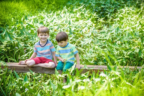 Two Little Sibling Brothers Cute Boys Sitting Wooden Bridge Sunny — Stock Photo, Image