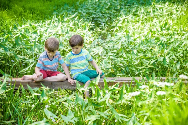 Dos Hermanos Pequeños Chicos Lindos Sentados Puente Madera Soleado Día — Foto de Stock