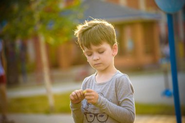 Mutlu melez erkek çocuk gülümseyen zevk yaşam kabul. Doğa, park veya açık havada Genç çocuk portresi. Mutlu bir aile veya başarılı evlat edinme veya ebeveynlik kavramı.