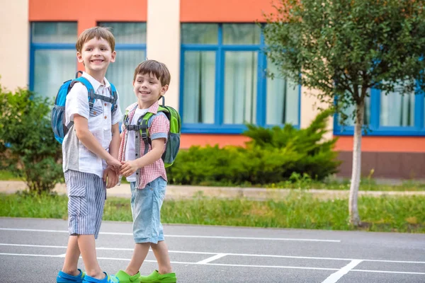 Νέοι Φοιτητές Δύο Αμφιθαλή Αδέλφια Πηγαίνουν Στο Σχολείο Κρατούν Χέρια — Φωτογραφία Αρχείου