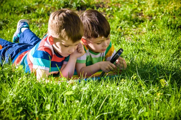 Güzel mutlu çocuk, erkek kardeşler, Büyüteç camı, doğayla keşfetmek yaz. Okul öncesi çocuklar yaz tatil kampı içinde bekletin. Gevşeme mutlu çocukluk dostluk kavramı.