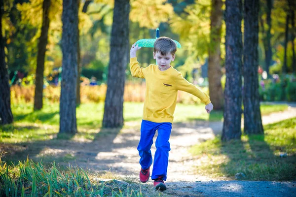 Happy Kid Playing Toy Airplane Blue Summer Sky Background Boy — Stock Photo, Image