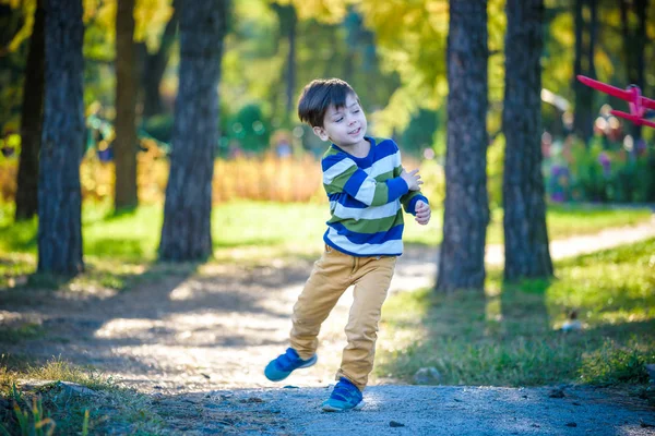 배경에 장난감 비행기를 한아이 소년은 숲이나 공원에 비행기를 던진다 최고의 — 스톡 사진