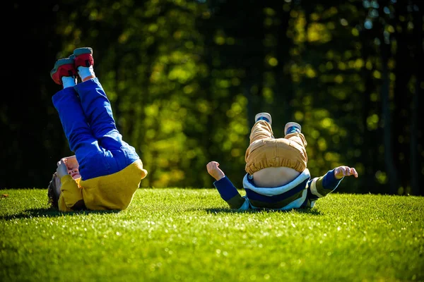 Two Happy Boys Playing Fresh Green Grass Meadow Tumble Smiling — Stock Photo, Image